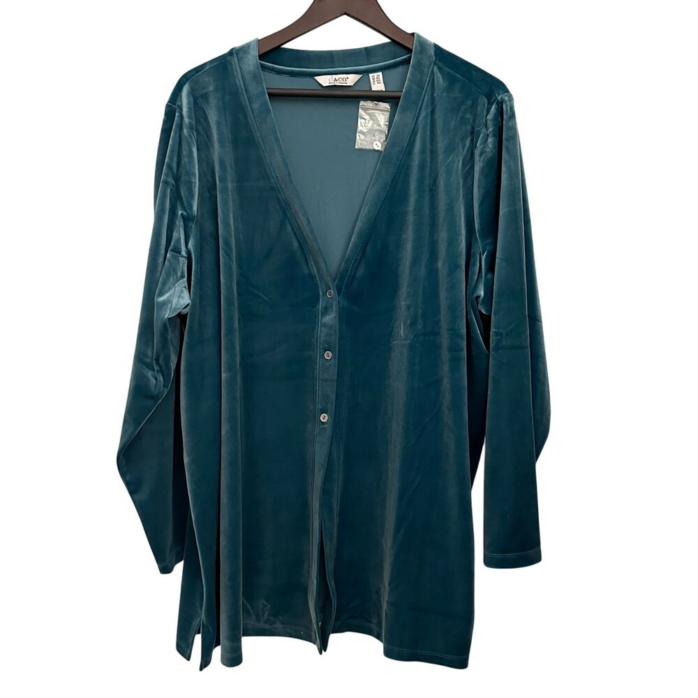 Denim & Co Blue Green Soft Velvet‎ V-Neck Button Up Cardigan Tunic Size 2X NWT